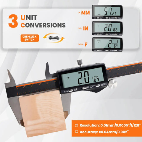 Rechargeable 12 Inch Digital Caliper with Large LCD Screen showing 3 unit conversions, stainless steel tool with accuracy details.