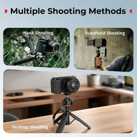 Versatile Extendable Mini Camera Tripod Selfie Stick with carabiner grip, mantis hook, and ball head used for hook shooting