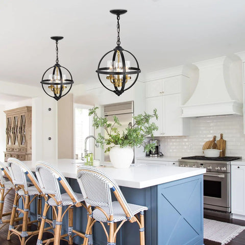 Rustic Farmhouse Chandelier 14-Inch Globe Pendant Light in Vintage Black and Gold, 3 Light E12 Adjustable Ceiling Fixture in kitchen