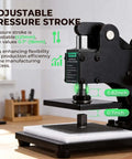 Small Leather Die Cutting Machine With 1 Ton Pressure and 18 Piece Die Set, highlighting adjustable stroke feature on a desk