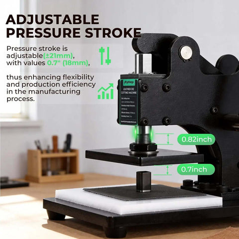 Small Leather Die Cutting Machine With 1 Ton Pressure and 18 Piece Die Set, highlighting adjustable stroke feature on a desk