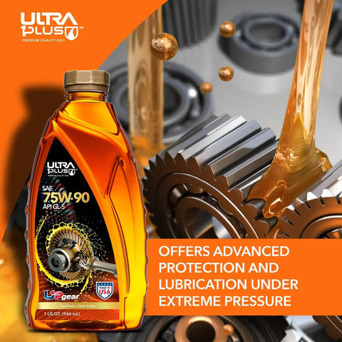 Bottle of 1Plus SAE 75W90 Synthetic Gear Oil API GL5 For Transmission And Differential Boss Level Protection next to gears.