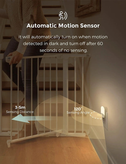 4 Pack Plug In Motion Sensor Night Light With 3000K Warm White near stairs, showing sensing distance and angle.