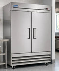 Commercial Two Door Reach In Freezer 54 Inch Wide 47 Cubic Foot Capacity Stainless Steel Double Door Cold Storage in kitchen.