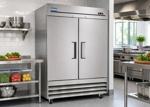 Commercial Two Door Reach In Freezer 54 Inch Wide 47 Cubic Foot Capacity Stainless Steel Double Door Cold Storage in kitchen.