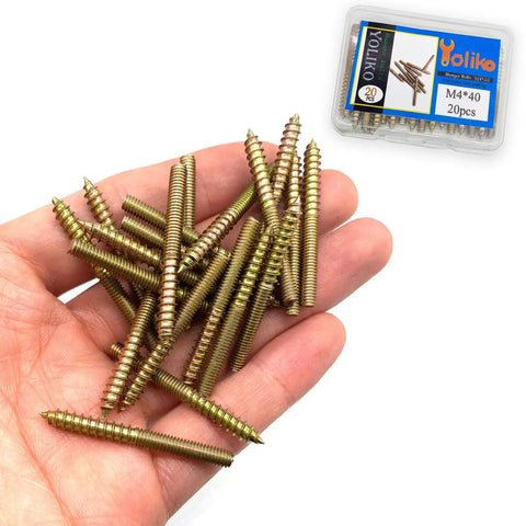 Pro Grade Shop Checked M4 X 40mm Hanger Bolts 20 Pack Heavy Duty Galvanized Steel Double Ended Wood Screws held in hand.