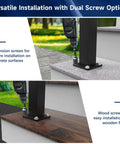 Rock Solid Black Aluminum Railing Posts With Included Mounting Screws Weather Resistant Outdoor Deck Fence Hardware Heavy Duty Powder Coated support kit demonstrating dual screw installation options on concrete and wood.