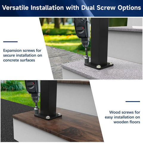 Rock Solid Black Aluminum Railing Posts With Included Mounting Screws Weather Resistant Outdoor Deck Fence Hardware Heavy Duty Powder Coated support kit demonstrating dual screw installation options on concrete and wood.