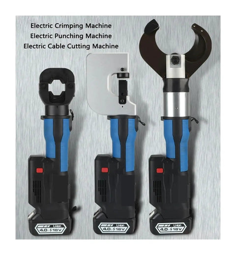 Heavy Duty Brushless Electric Crimping Pliers Set With Punch And Cut Tools For Professional Cable Wiring Jobs, showing three electric tools.