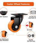 3 Inch Heavy Duty Caster Wheels Set Of 4 In Orange Polyurethane For Industrial Use, swivel top plate with 360° rotation features