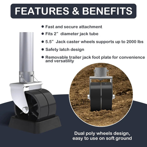 6 Inch Trailer Jack Wheel Replacement With Wheel Chock, 2000 Lb Dual Swivel Caster Wheel And Safety Pin in use on soft ground