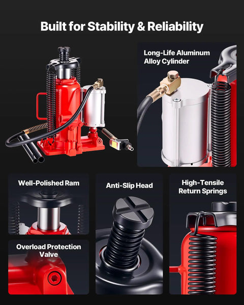 20 Ton Air Hydraulic Bottle Jack With Pneumatic And Manual Operation, Heavy Duty Welded, close-up on features and materials