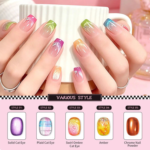 Hands holding a cup displaying nails with various styles from the Patting Gel Palette With 12 Jelly Gel Colors Each Nail Art Kit.