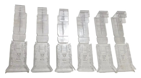 Six Pack Snap On Window Treatment Valance Clips For Two Inch Wood And Fakewood Blinds in clear plastic design, side view.