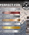 Light And Heavy Metal Polish Kit To Restore And Remove Oxidation Rust And Tarnish From Chrome Aluminum Stainless Steel Brass Copper And More With Two 16 Oz Bottles, heavy metal polish bottle next to metal suitability chart.