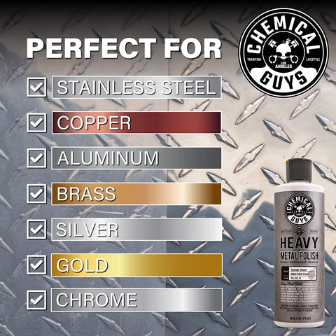 Light And Heavy Metal Polish Kit To Restore And Remove Oxidation Rust And Tarnish From Chrome Aluminum Stainless Steel Brass Copper And More With Two 16 Oz Bottles, heavy metal polish bottle next to metal suitability chart.