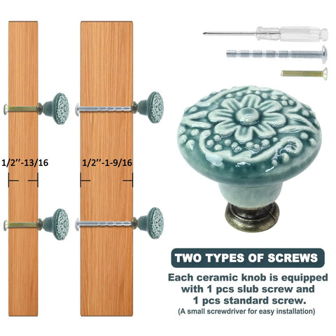 Six Pack Green Ceramic Kitchen Cabinet Knobs With Two Screw Sizes And Included Mini Screwdriver For Easy Installation, 34mm Diameter And 30mm Height, Durable Modern Hardware For Cabinets Or Drawers. Green ceramic cabinet knob with two screw sizes and screwdriver