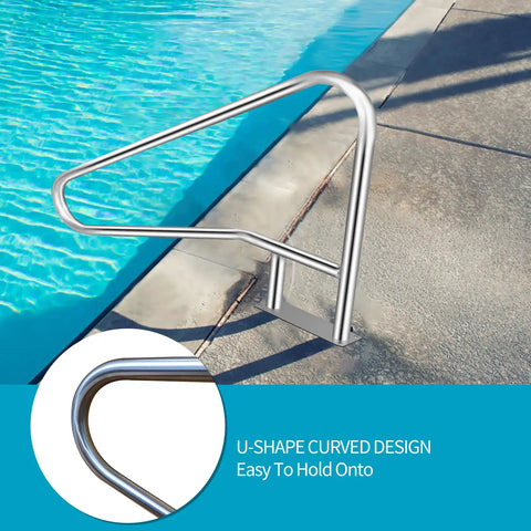 Smooth Sail Setup Hella Sturdy 304 Stainless Steel Inground Pool Handrail Safety Grab Bar with U-shaped design near pool edge.
