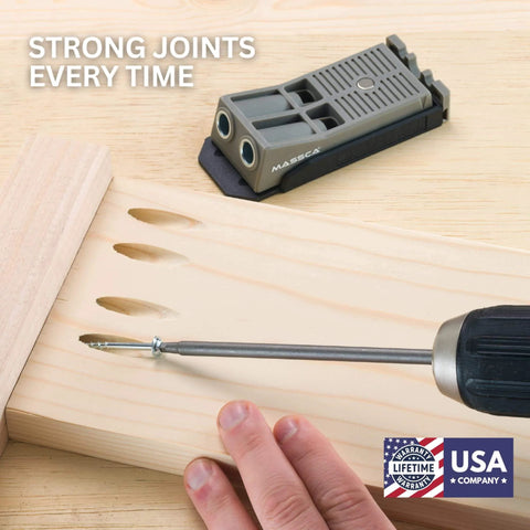 Pocket Hole Jig Kit With Magnetic Quick Adjust Base for Fast Accurate Woodworking Joinery shown with drill and wood.