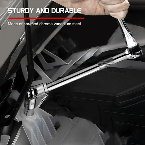 Five Piece Three Eighths Inch Drive Extension Bar Set Including Three Six And Ten Inch Extensions Universal Joint Socket Flexible Socket Extension Chrome Vanadium Construction Rust Resistant Durable And Anti Skid Grip in use
