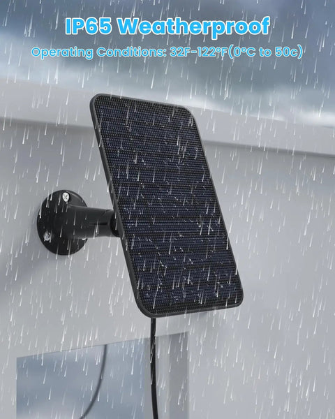 Premium 5 Watt Solar Panel Set To Keep Outdoor Cameras Never Running Dry featuring IP65 weatherproof housing and mounted on a wall.