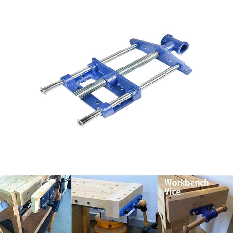 Top Shelf Heavy Duty Woodworking Bench Vise With Cast Iron Jaw For Knockout Holding Power And Quick Under Bench Mount Ultimate Garage Shop Workhorse For Steady Clamping Jobs shown from multiple angles with chrome rods.