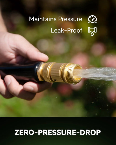 Person holding a hose with Heavy Duty Brass Garden Hose Quick Connectors Three Quarter Inch GHT Universal Leak Proof Fittings
