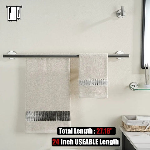 Slick Value Packed Brushed Stainless Steel 5 Piece Bath Hardware Set For Tight Spaces 24 Inch Towel Bar with towels displayed.