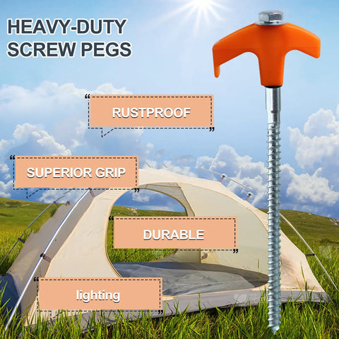Heavy Duty Screw In Tent Stakes Eight Inch Ground Anchors Metal Stakes For Camping includes hex head driver and sturdy storage bag 20 pack bright orange finish next to a tent.
