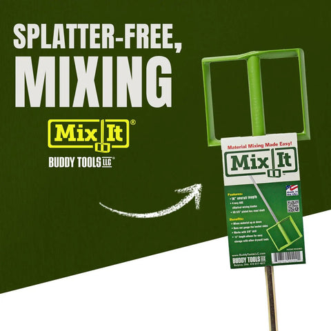 Mix It 20 Inch Mud And Paint Mixer With Durable ABS Paddle, featuring packaging and splatter-free claim on green background.