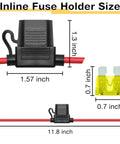 Diagram of 2 Pack Inline Fuse Holders 12V 14AWG Waterproof Fuse Holder with 20A ATC/ATO Blade Fuses, dimensions labeled.