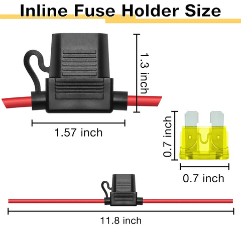 Diagram of 2 Pack Inline Fuse Holders 12V 14AWG Waterproof Fuse Holder with 20A ATC/ATO Blade Fuses, dimensions labeled.