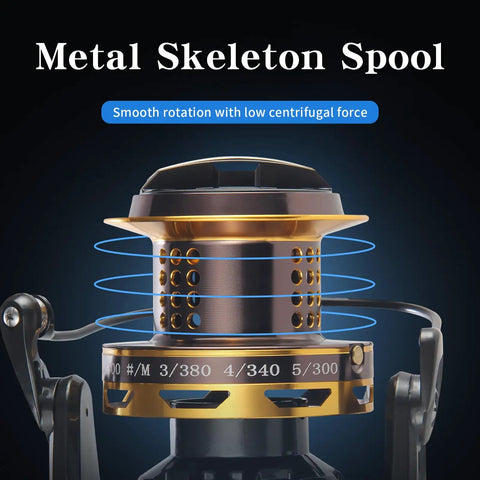 Close-up of Surf Spinning Fishing Reel 8000 12000 with metal spool highlighting centrifugal force control.