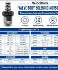 Premium Velocitrans Valve Body Solenoid MD758981 compatibility chart for Mitsubishi Hyundai Kia Dodge transmissions.