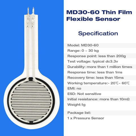 MD30-60 thin-film force sensitive resistor; circular 30mm white disk with black grid pattern and two metal leads