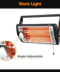 Indoor Electric Garage Heater With Ceiling Mount Radiant Quartz Heating 1500W Or 750W Work Light 90 Degree Rotation