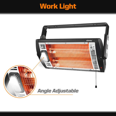 Indoor Electric Garage Heater With Ceiling Mount Radiant Quartz Heating 1500W Or 750W Work Light 90 Degree Rotation