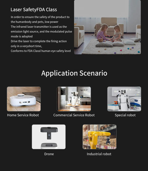 Application scenarios for FHL-LD19 Plus 2D Lidar Sensor including home, commercial, special robots, drones, and industrial robots.