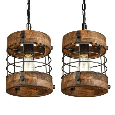 Retro Industrial Round Pendant Light Two Pack With Metal And Wood Farmhouse Chandelier 1 Light Cage Fixture In Brown Finish