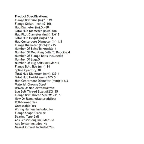 Front Hub Bearing Assembly For 2015 2021 Kia Sedona specifications list, showing flange size, material, and design details.