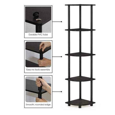 Turn N Tube Corner Shelf 5 Tier Bookshelf With Open Storage For Living Room Home Office Garage Bedroom Espresso Finish