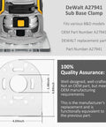 Close-up of DeWalt A27941 sub base clamp with measurements, Replacement Sub Base Clamp A27941 For DeWalt DWP611 DCW600 450PK Routers Durable Build Easy Install Replaces A27941 Compatible With DeWalt Power Tools Ideal For Fast Secure Router Base Setup.