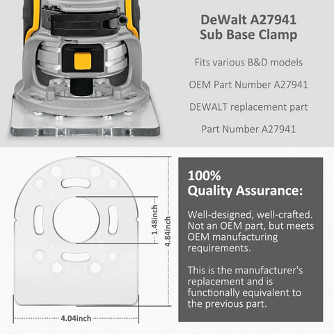 Close-up of DeWalt A27941 sub base clamp with measurements, Replacement Sub Base Clamp A27941 For DeWalt DWP611 DCW600 450PK Routers Durable Build Easy Install Replaces A27941 Compatible With DeWalt Power Tools Ideal For Fast Secure Router Base Setup.