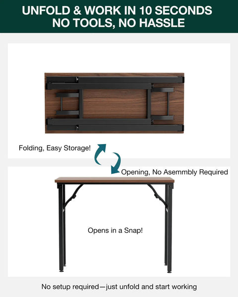 No Fuss Folding Laptop Desk For Small Spaces That Sets Up In Seconds 35.8 Inch Portable Table shown folded and opened.