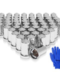 60-pack 33mm Lug Nut Covers Bullet Flanged ABS Chrome Plastic with glove, for Semi Trucks, protects nuts and wheels, rust-resistant.