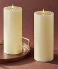 Flameless Pillar Candles With Remote Real Marble Wax 3 Pack 3 Inch Diameter Pillars 3D Flickering LED Flame Batteries Included Cozy Thanksgiving Table Decor on tray.