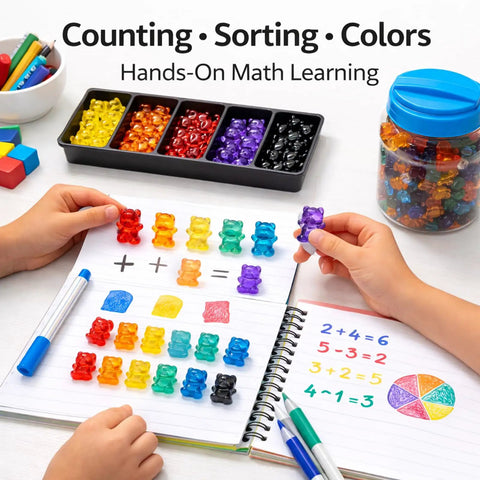 Kid Approved 110 Pieces Translucent Counting Bears With Heavy Duty Plastic Jar Color Sorter used for math learning and sorting.