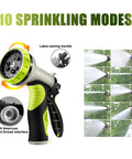 Garden hose spray nozzle with 10 spray modes; green/yellow plastic ergonomic handle; 3/4 in standard thread