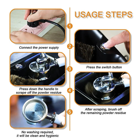 Slick Electric Coffee Knock Box With Quick Portafilter Cleaner For Tight Espresso Pucks Includes Two Heavy Duty Scrapers And Dual Bristle Brushes For No Sweat Ground Cleanup, usage steps for operation.