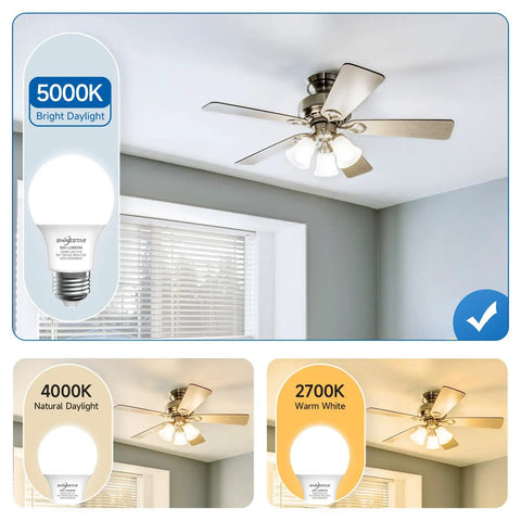 Room with ceiling fan lit by A19 LED Light Bulbs 60W Equivalent, 5000K Daylight White, E26 Base, Non Dimmable, 800 Lumens